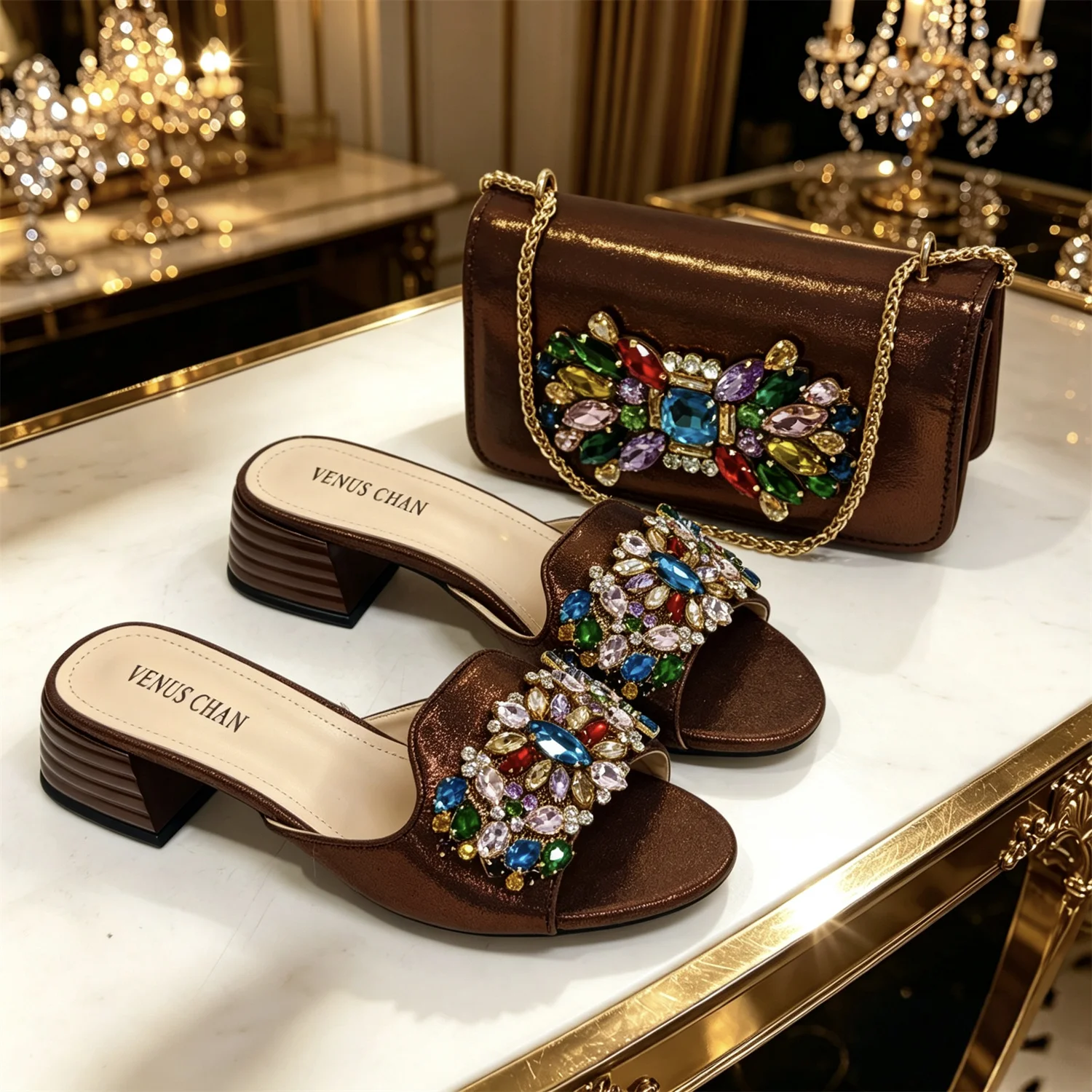 VENUS CHAN Women Colorful Rhinestone Embellished Satin Mules & Handbag Set for Wedding Party Evening Events