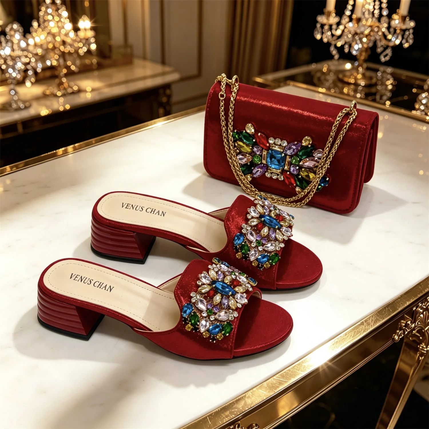 VENUS CHAN Women Colorful Rhinestone Embellished Satin Mules & Handbag Set for Wedding Party Evening Events
