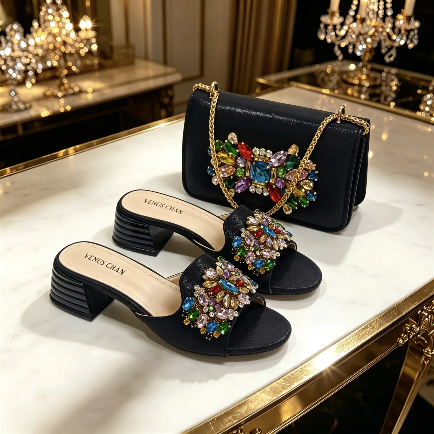 VENUS CHAN Women Colorful Rhinestone Embellished Satin Mules & Handbag Set for Wedding Party Evening Events