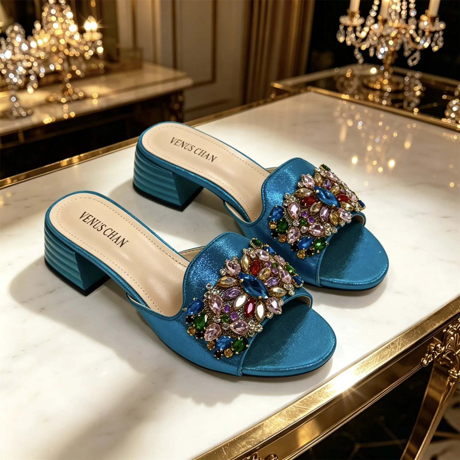 VENUS CHAN Women Colorful Rhinestone Embellished Satin Mules & Handbag Set for Wedding Party Evening Events