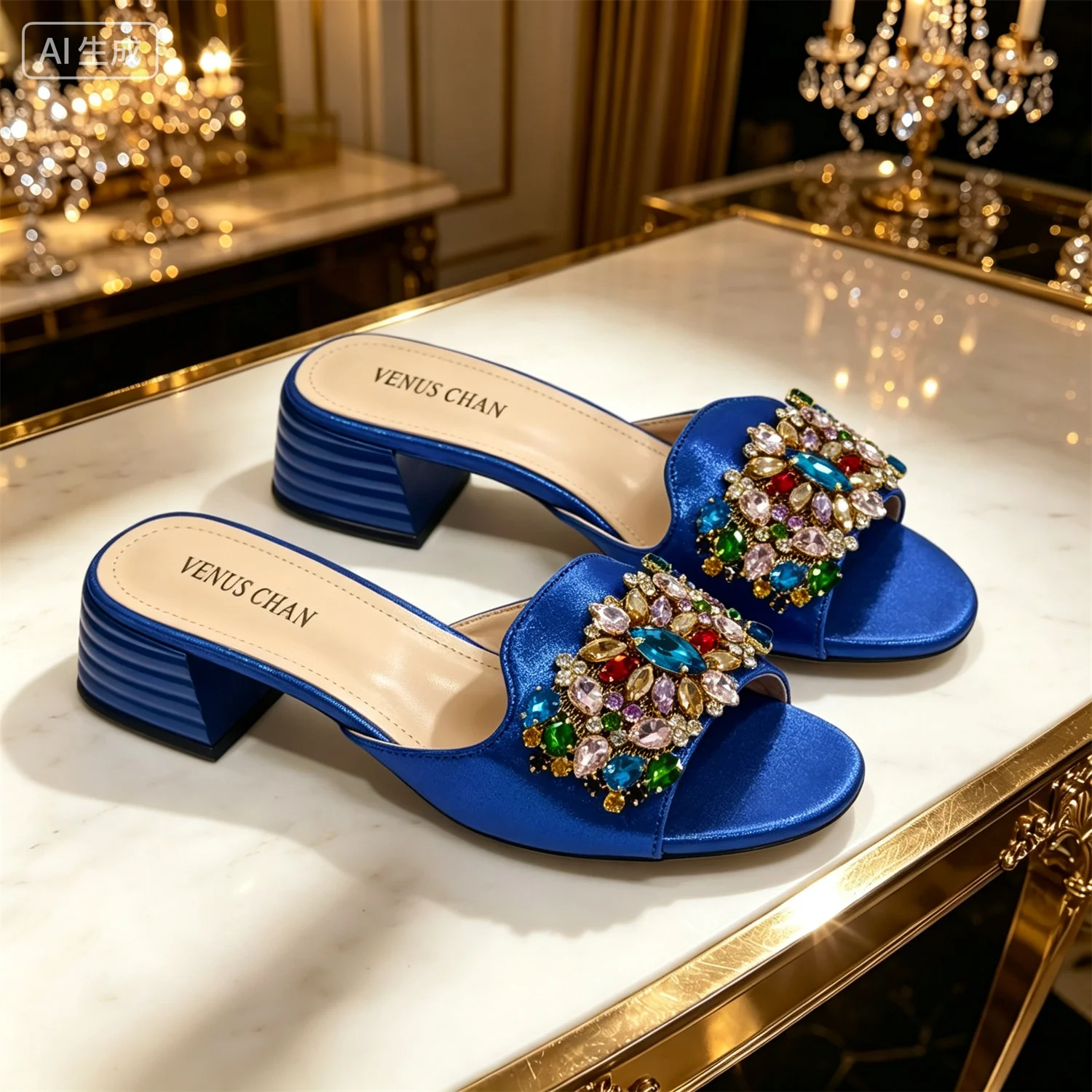 VENUS CHAN Women Colorful Rhinestone Embellished Satin Mules & Handbag Set for Wedding Party Evening Events