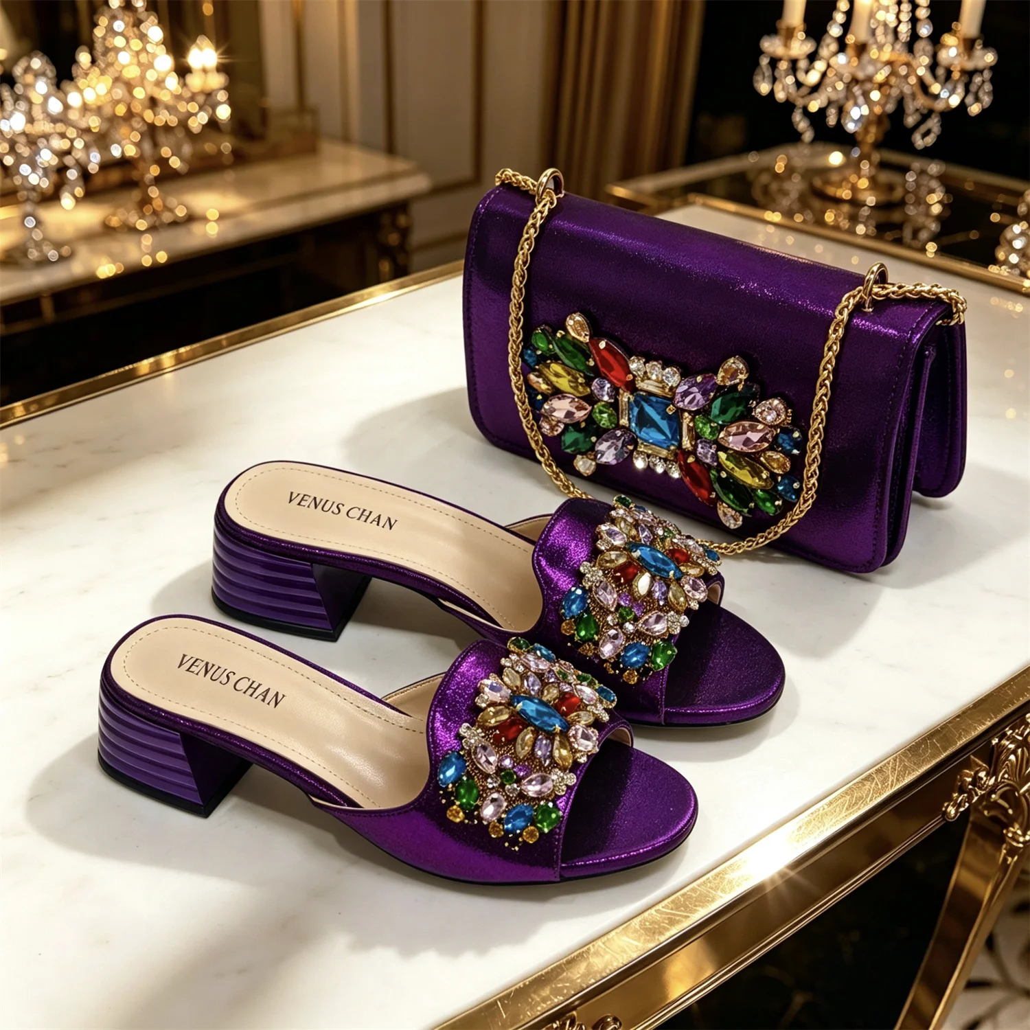 VENUS CHAN Women Colorful Rhinestone Embellished Satin Mules & Handbag Set for Wedding Party Evening Events