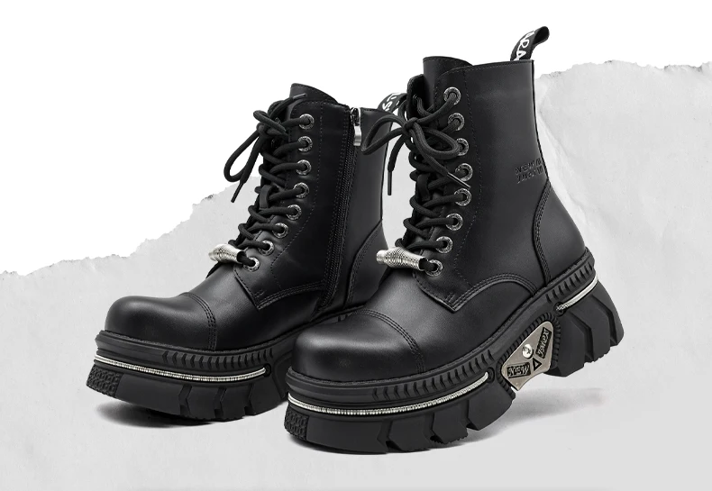 New Punk Women Platform Ankle Boots Female's Rock Round Toe Lace Up Fashion Retro Chunky Shoes Metal Decor Short Boots