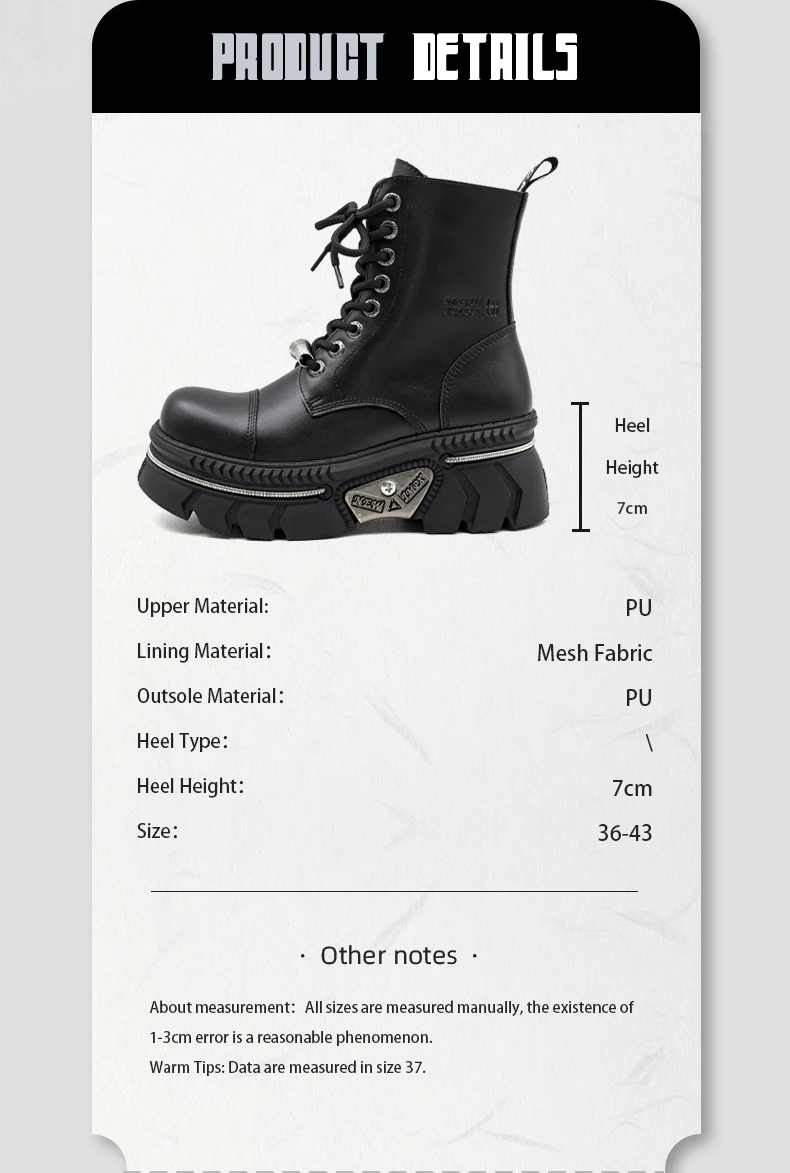 New Punk Women Platform Ankle Boots Female's Rock Round Toe Lace Up Fashion Retro Chunky Shoes Metal Decor Short Boots