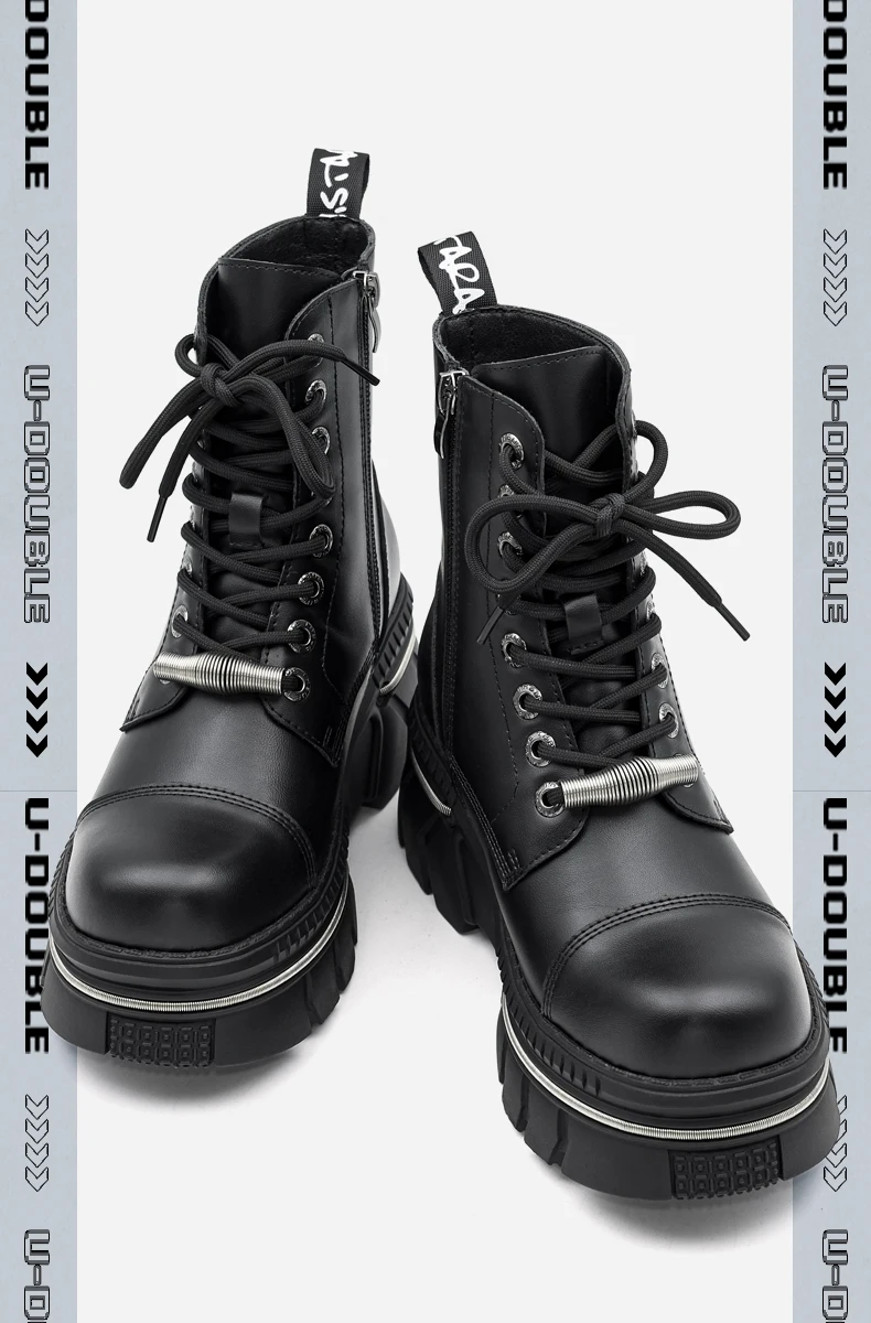 New Punk Women Platform Ankle Boots Female's Rock Round Toe Lace Up Fashion Retro Chunky Shoes Metal Decor Short Boots