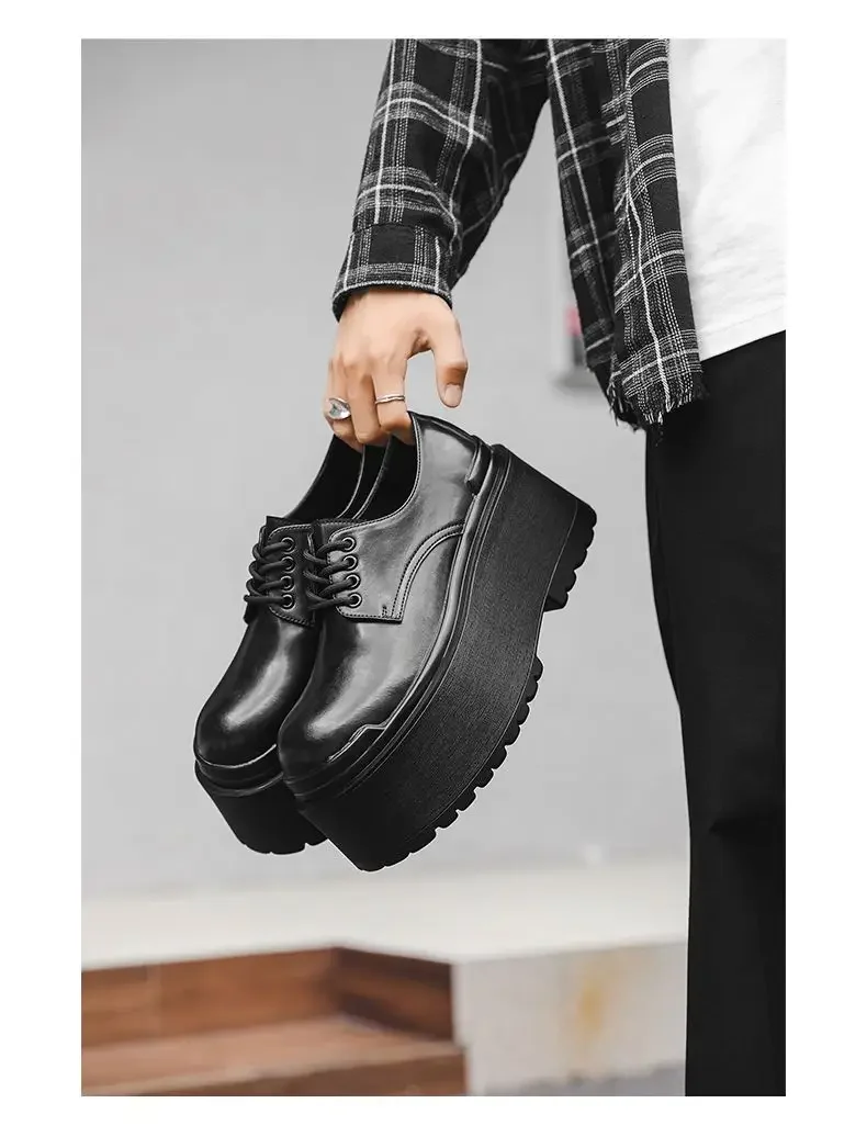 2025 Big Head Leather Men's Casual Trendy Models Increased By 10CM Niche Platform Muffin Male Model Catwalk Models Derby Shoes