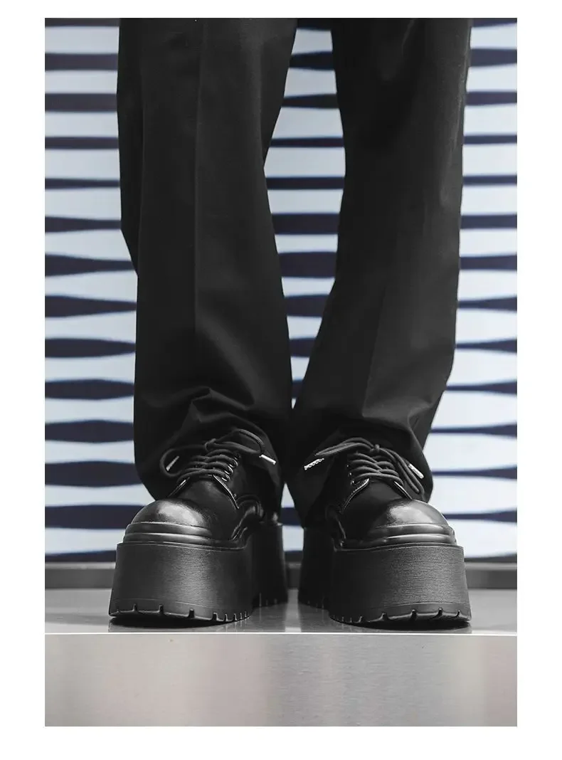 2025 Big Head Leather Men's Casual Trendy Models Increased By 10CM Niche Platform Muffin Male Model Catwalk Models Derby Shoes
