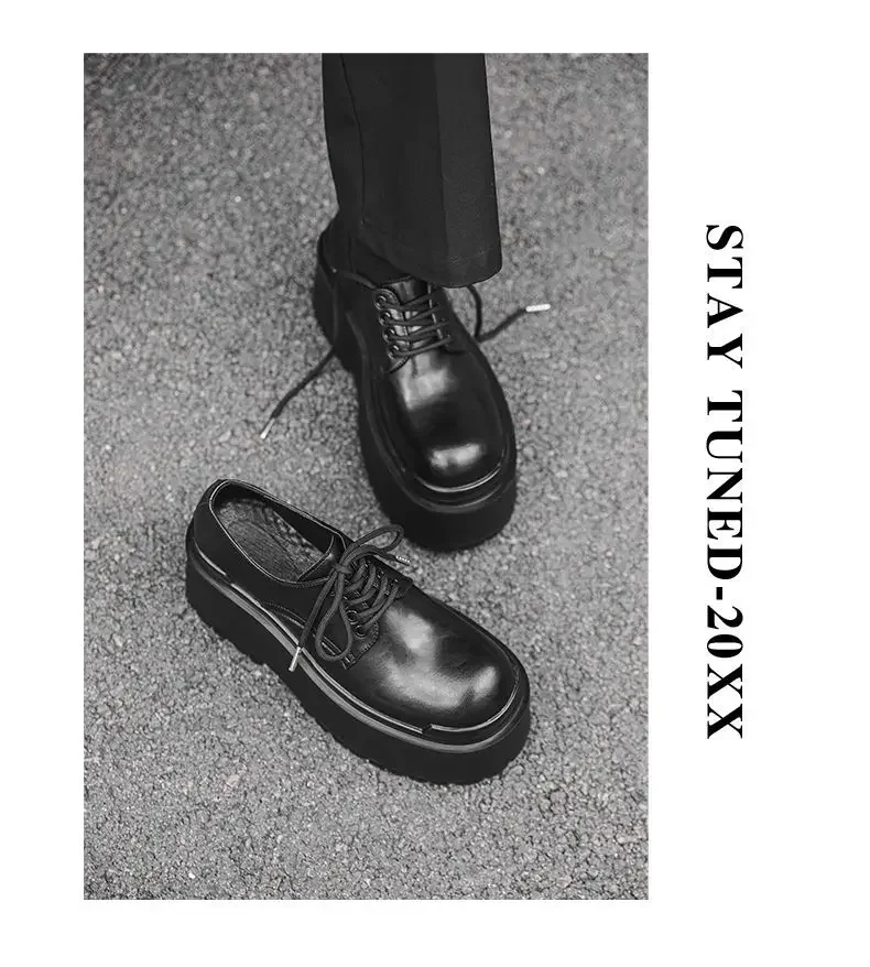 2025 Big Head Leather Men's Casual Trendy Models Increased By 10CM Niche Platform Muffin Male Model Catwalk Models Derby Shoes