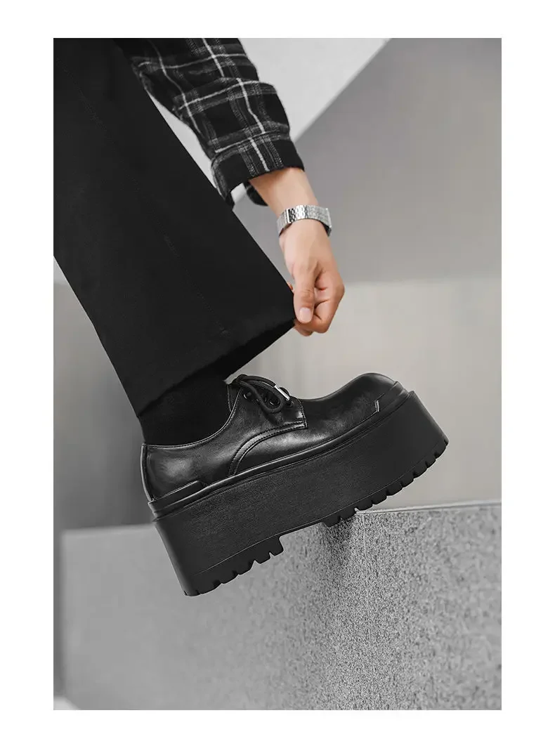 2025 Big Head Leather Men's Casual Trendy Models Increased By 10CM Niche Platform Muffin Male Model Catwalk Models Derby Shoes