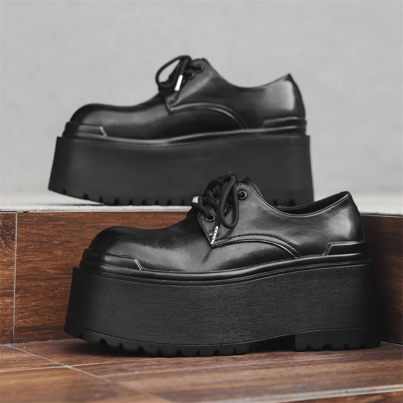 2025 Big Head Leather Men's Casual Trendy Models Increased By 10CM Niche Platform Muffin Male Model Catwalk Models Derby Shoes
