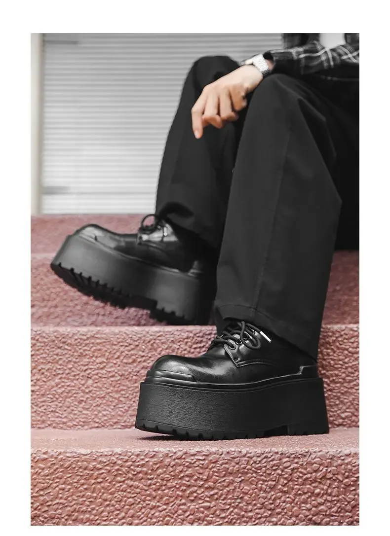 2025 Big Head Leather Men's Casual Trendy Models Increased By 10CM Niche Platform Muffin Male Model Catwalk Models Derby Shoes