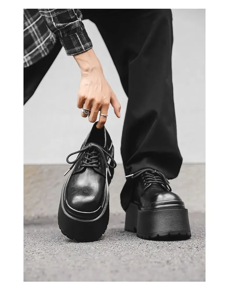 2025 Big Head Leather Men's Casual Trendy Models Increased By 10CM Niche Platform Muffin Male Model Catwalk Models Derby Shoes