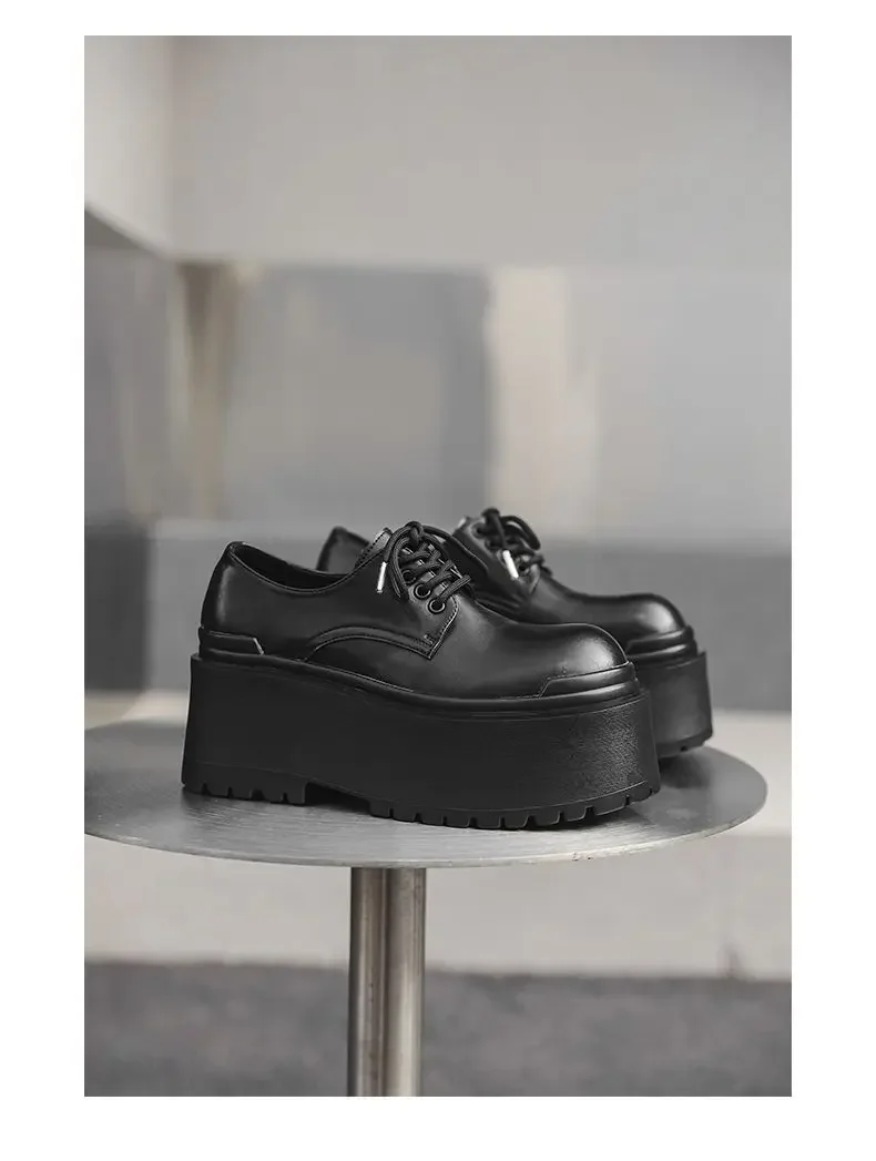 2025 Big Head Leather Men's Casual Trendy Models Increased By 10CM Niche Platform Muffin Male Model Catwalk Models Derby Shoes
