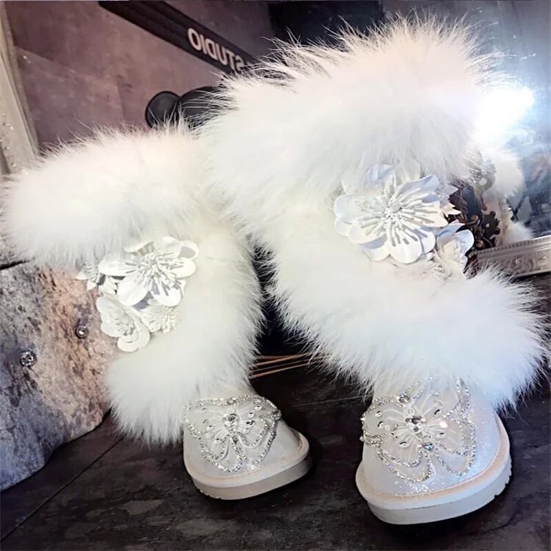 Oversized Fox Hair Flower Diamond Accessories Fur One Party Snow Boots Handmade Plus Size White Women's Cotton Shoes 35-44