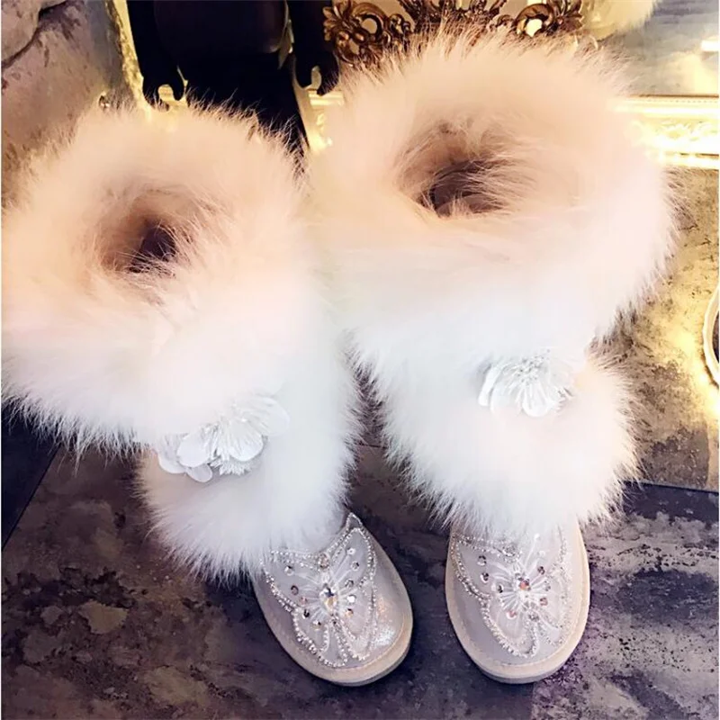 Oversized Fox Hair Flower Diamond Accessories Fur One Party Snow Boots Handmade Plus Size White Women's Cotton Shoes 35-44
