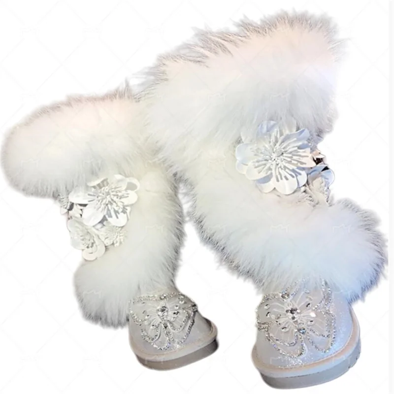 Oversized Fox Hair Flower Diamond Accessories Fur One Party Snow Boots Handmade Plus Size White Women's Cotton Shoes 35-44