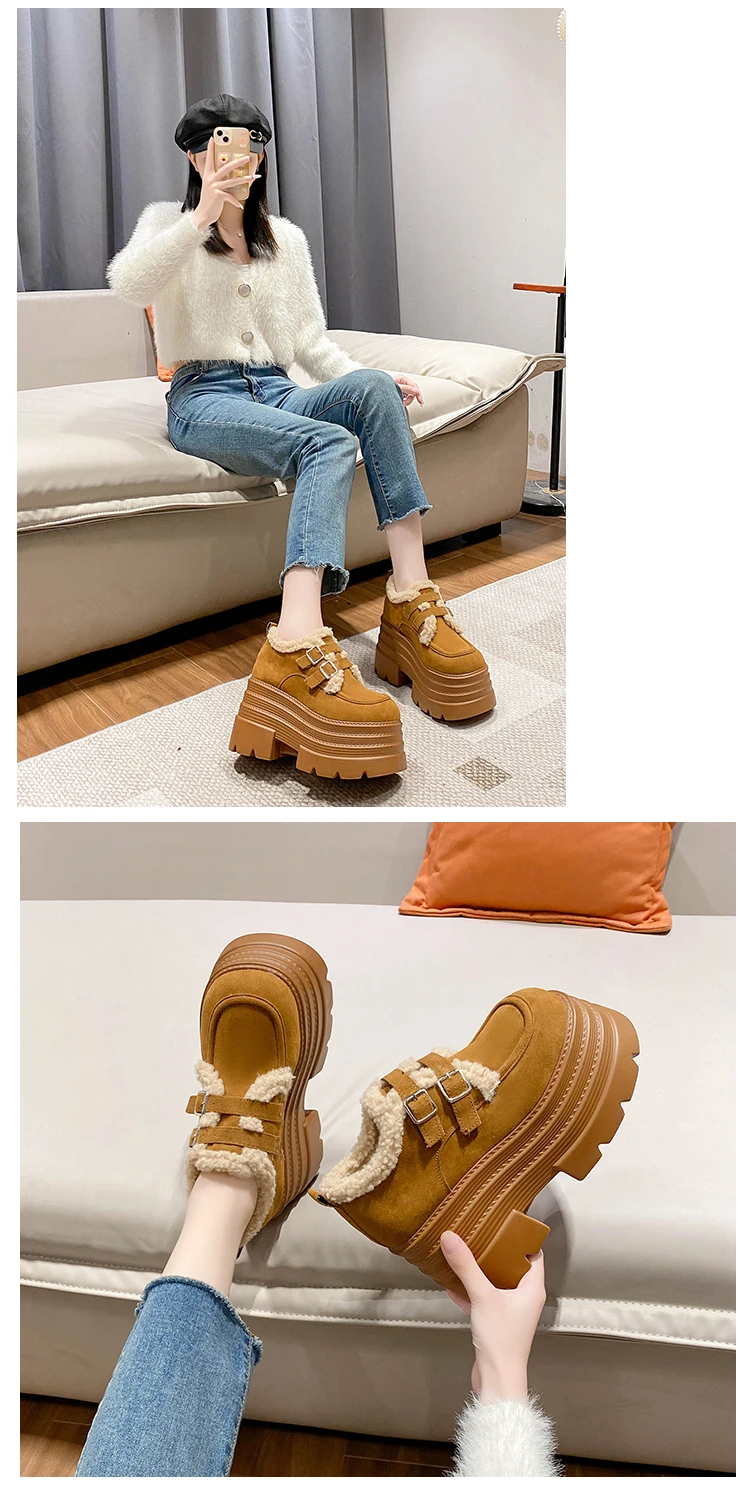 New Winter Chunky Casual Snow Shoes Woman 10CM High Platform Wedge Heels Warm Fur Sneakers Fashion Women Buckle Leather Shoes