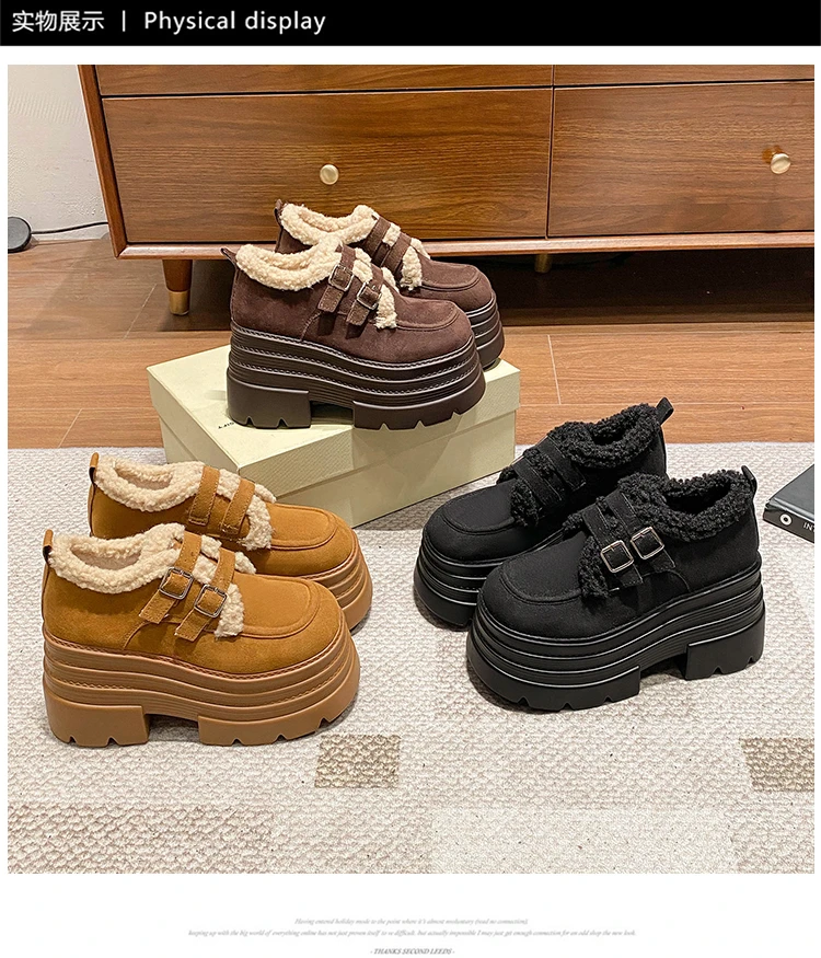 New Winter Chunky Casual Snow Shoes Woman 10CM High Platform Wedge Heels Warm Fur Sneakers Fashion Women Buckle Leather Shoes