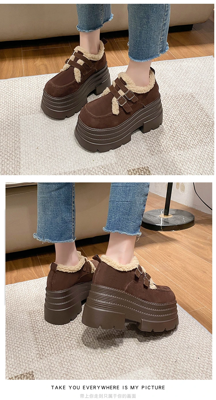 New Winter Chunky Casual Snow Shoes Woman 10CM High Platform Wedge Heels Warm Fur Sneakers Fashion Women Buckle Leather Shoes