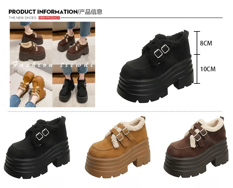 New Winter Chunky Casual Snow Shoes Woman 10CM High Platform Wedge Heels Warm Fur Sneakers Fashion Women Buckle Leather Shoes
