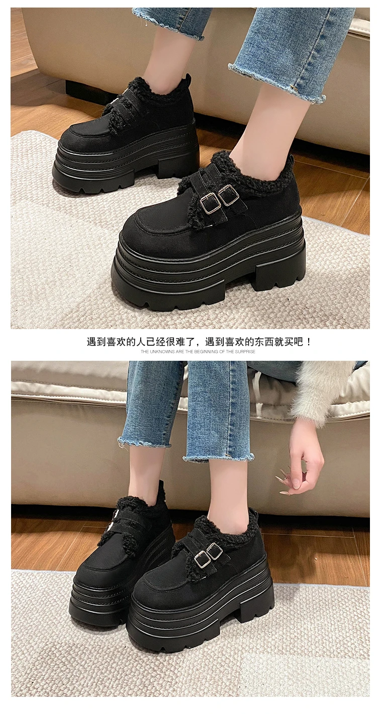 New Winter Chunky Casual Snow Shoes Woman 10CM High Platform Wedge Heels Warm Fur Sneakers Fashion Women Buckle Leather Shoes