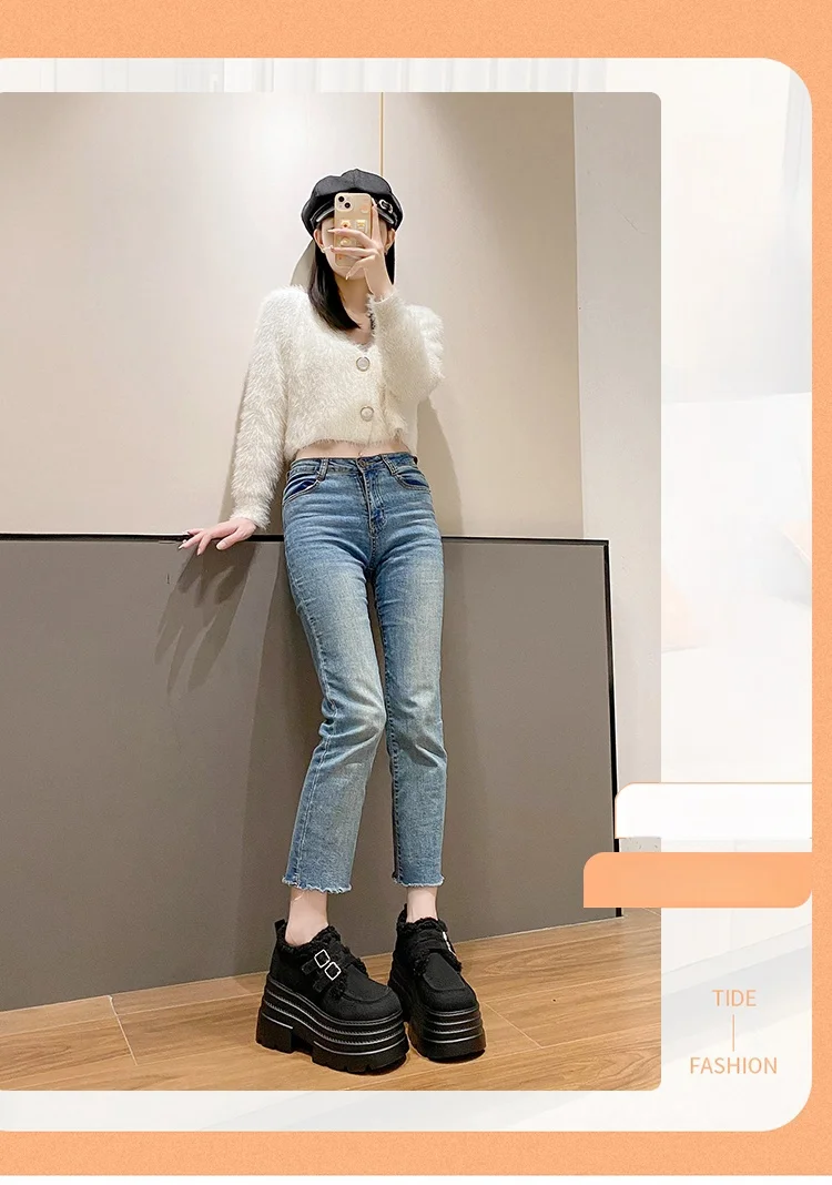 New Winter Chunky Casual Snow Shoes Woman 10CM High Platform Wedge Heels Warm Fur Sneakers Fashion Women Buckle Leather Shoes