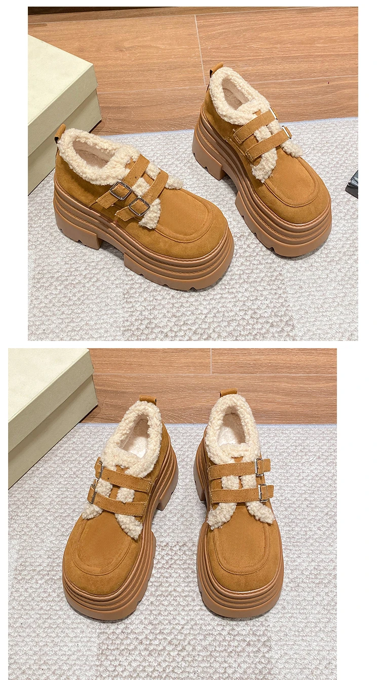 New Winter Chunky Casual Snow Shoes Woman 10CM High Platform Wedge Heels Warm Fur Sneakers Fashion Women Buckle Leather Shoes