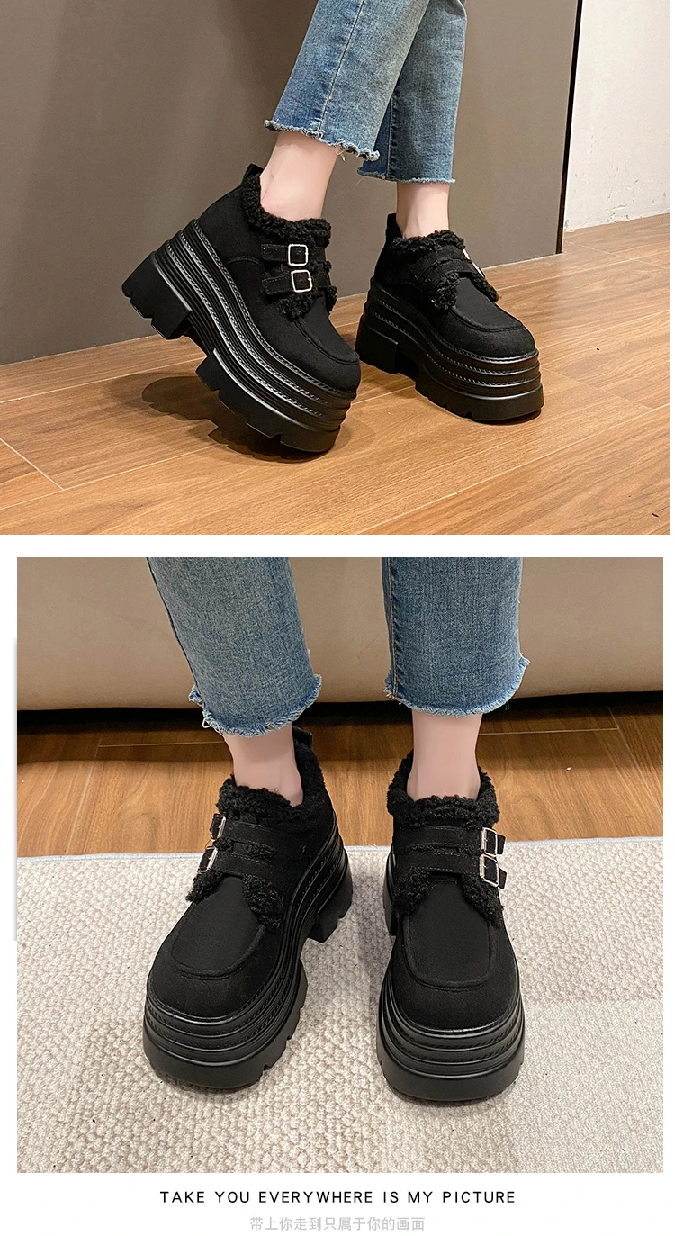 New Winter Chunky Casual Snow Shoes Woman 10CM High Platform Wedge Heels Warm Fur Sneakers Fashion Women Buckle Leather Shoes