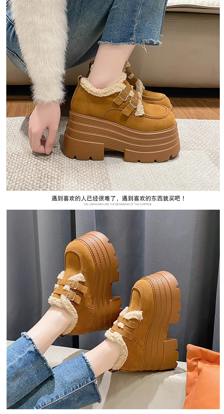 New Winter Chunky Casual Snow Shoes Woman 10CM High Platform Wedge Heels Warm Fur Sneakers Fashion Women Buckle Leather Shoes