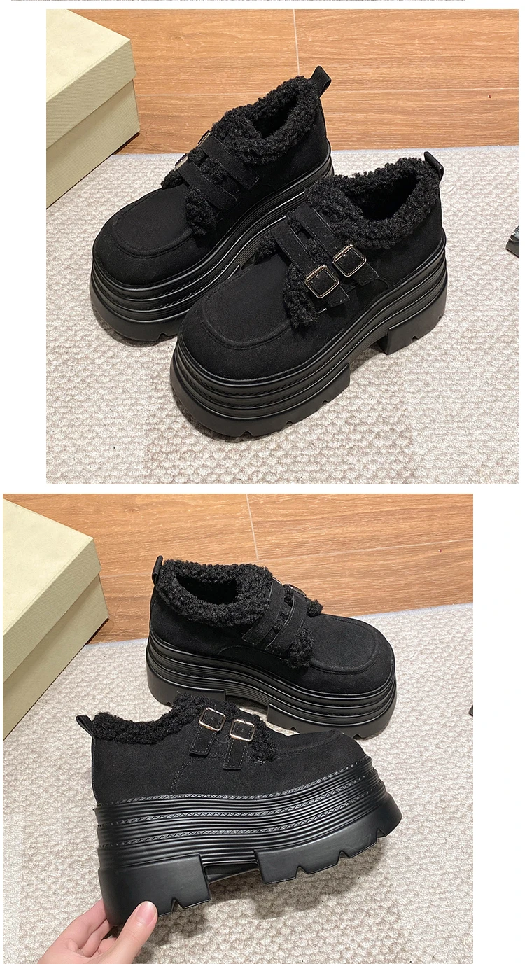 New Winter Chunky Casual Snow Shoes Woman 10CM High Platform Wedge Heels Warm Fur Sneakers Fashion Women Buckle Leather Shoes