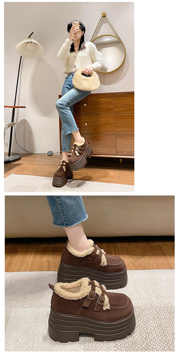 New Winter Chunky Casual Snow Shoes Woman 10CM High Platform Wedge Heels Warm Fur Sneakers Fashion Women Buckle Leather Shoes