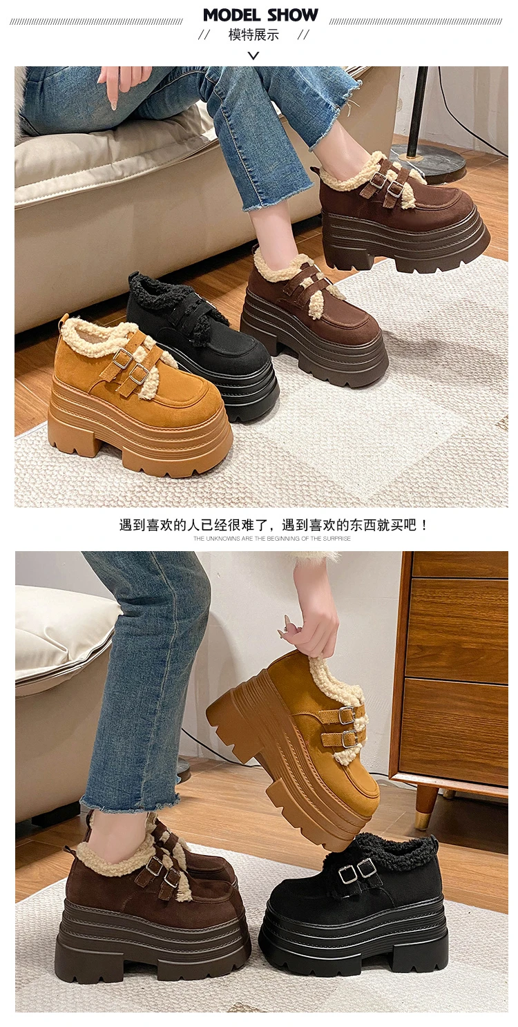 New Winter Chunky Casual Snow Shoes Woman 10CM High Platform Wedge Heels Warm Fur Sneakers Fashion Women Buckle Leather Shoes