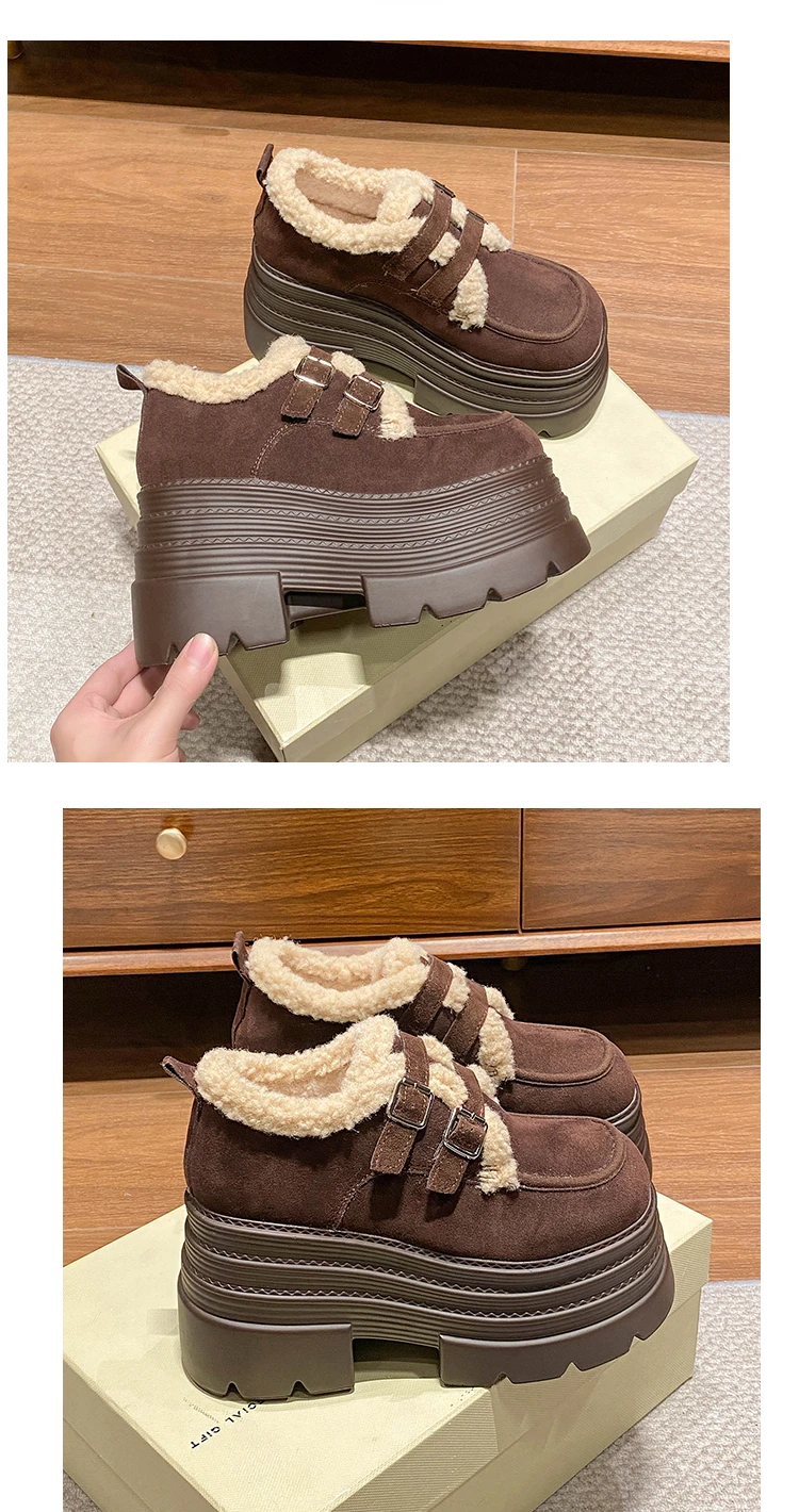 New Winter Chunky Casual Snow Shoes Woman 10CM High Platform Wedge Heels Warm Fur Sneakers Fashion Women Buckle Leather Shoes