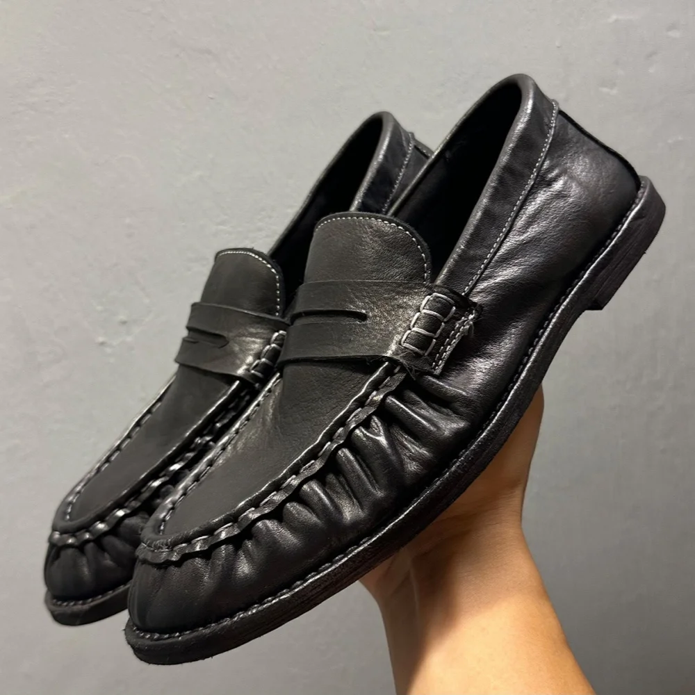 High-end Leather Shoes with Suede Uppers - Men's Streetwear Leather Boat Shoes, Retro lightweight and Breathable Loafers, Casual