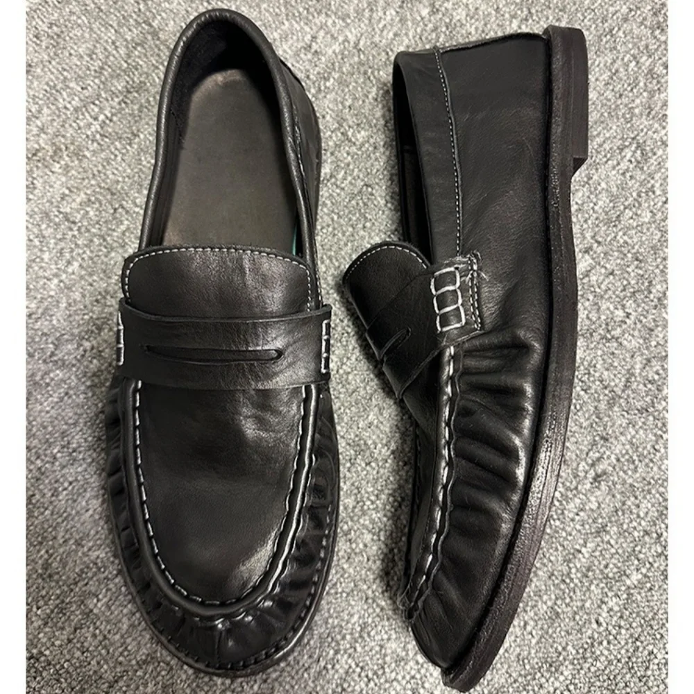 High-end Leather Shoes with Suede Uppers - Men's Streetwear Leather Boat Shoes, Retro lightweight and Breathable Loafers, Casual