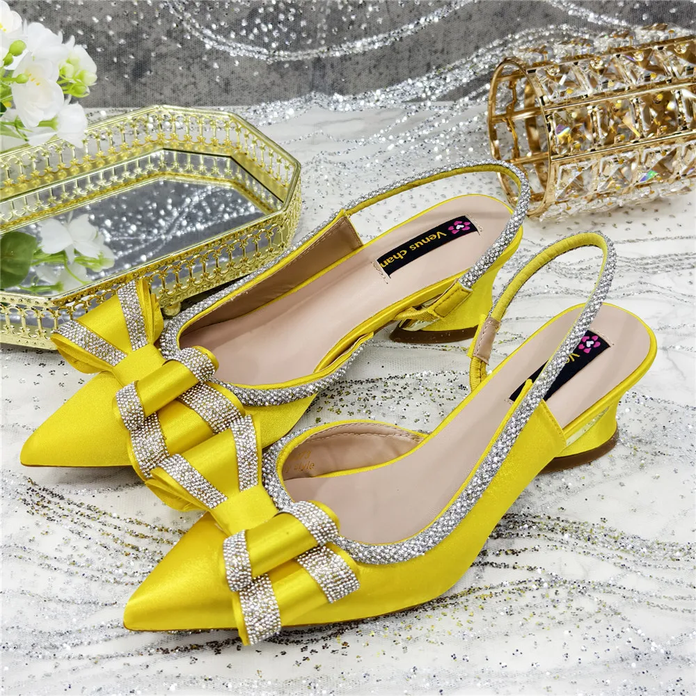 Elegant Yellow Satin Rhinestone Bow Slingback Heels & Clutch Bag Set, Women Bridal Matching Kit For Wedding Party Evening Prom F