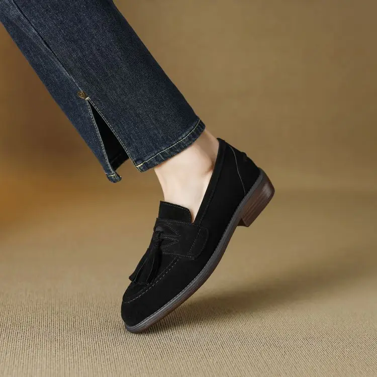 Women's loafers leather shoes Spring New Products Genuine leather sheepskin Nubuck Leather Black/Green/Orange Tassel decoration