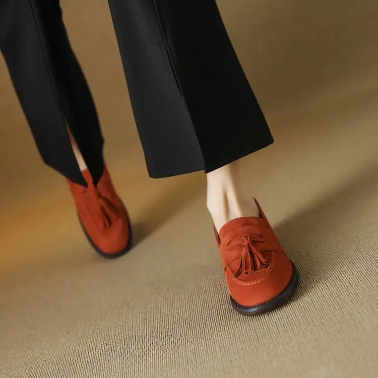 Women's loafers leather shoes Spring New Products Genuine leather sheepskin Nubuck Leather Black/Green/Orange Tassel decoration