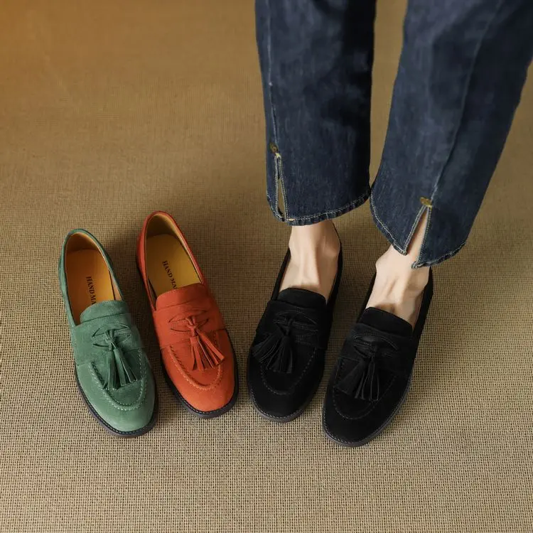 Women's loafers leather shoes Spring New Products Genuine leather sheepskin Nubuck Leather Black/Green/Orange Tassel decoration