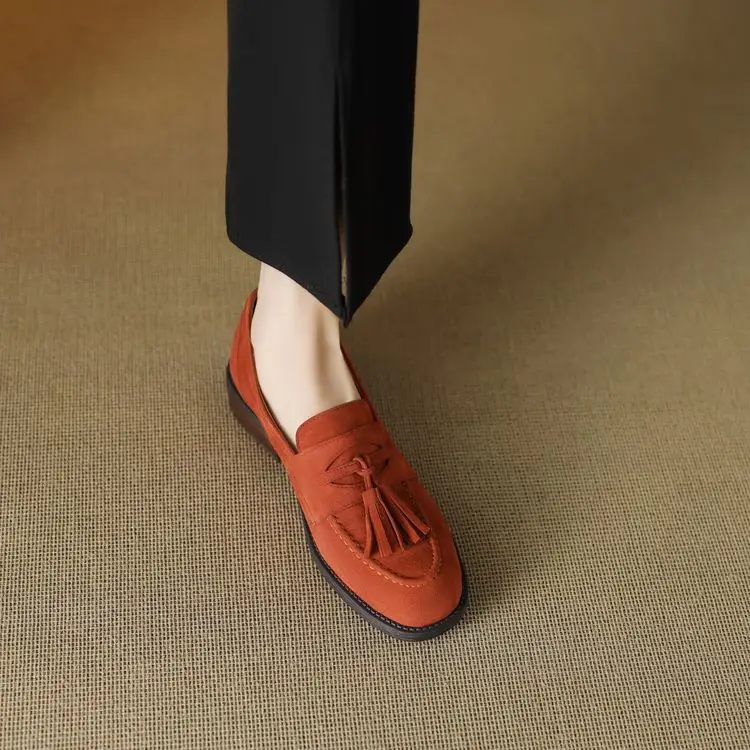 Women's loafers leather shoes Spring New Products Genuine leather sheepskin Nubuck Leather Black/Green/Orange Tassel decoration