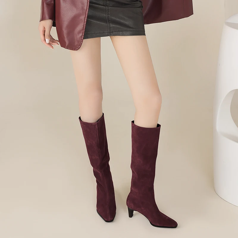 2025 New Trend Cow Suede Women Autumn Winter Slip-On Boots Chocolate Burgundy High Chunky Heels Square Toe Lady Knee High Boots
