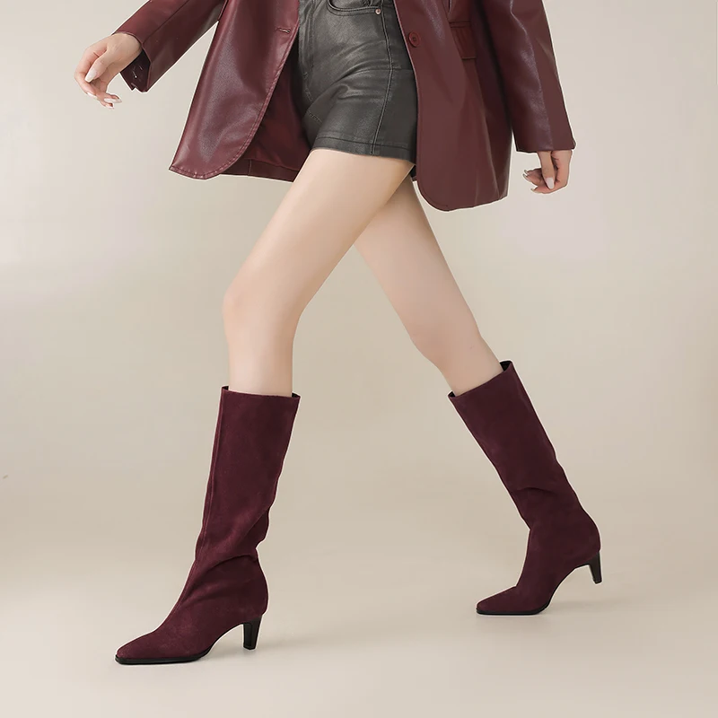 2025 New Trend Cow Suede Women Autumn Winter Slip-On Boots Chocolate Burgundy High Chunky Heels Square Toe Lady Knee High Boots