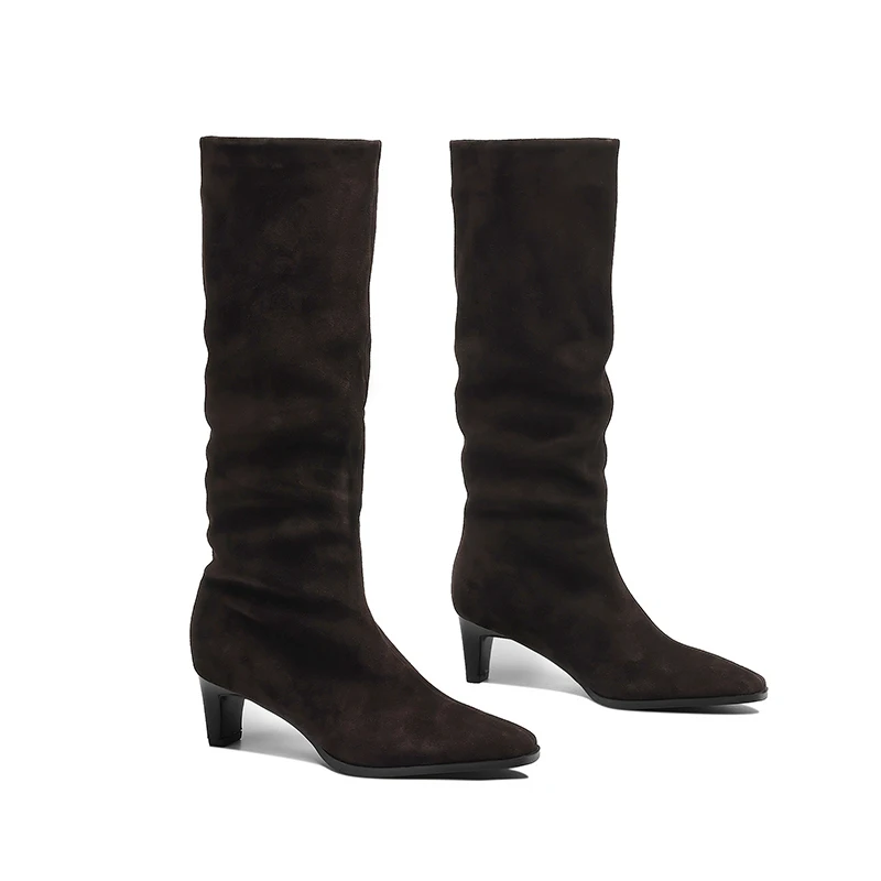 2025 New Trend Cow Suede Women Autumn Winter Slip-On Boots Chocolate Burgundy High Chunky Heels Square Toe Lady Knee High Boots