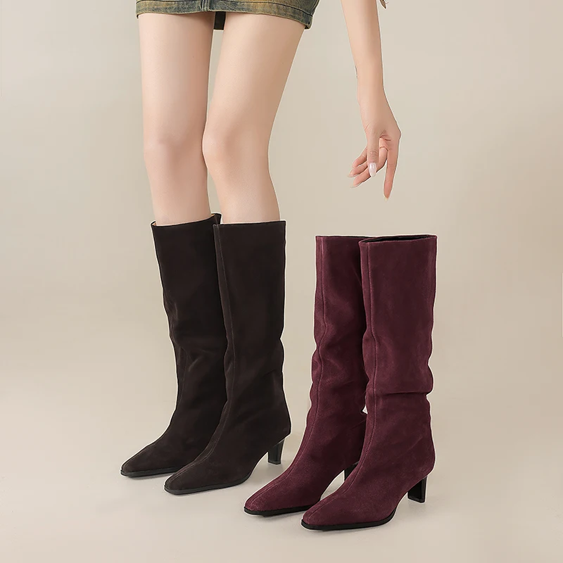 2025 New Trend Cow Suede Women Autumn Winter Slip-On Boots Chocolate Burgundy High Chunky Heels Square Toe Lady Knee High Boots