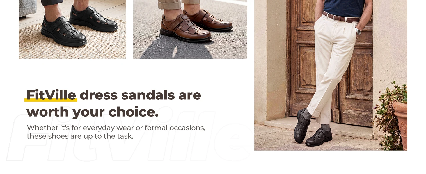 FitVille Men's Closed-Toe Sandals Wide Toe Leather Diabetic Shoes for Men Orthopedic Dress Sandal Velcro Straps Shock-Absorbing