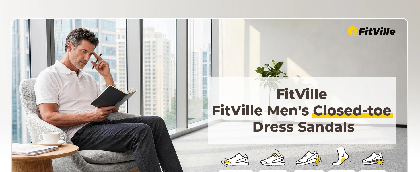 FitVille Men's Closed-Toe Sandals Wide Toe Leather Diabetic Shoes for Men Orthopedic Dress Sandal Velcro Straps Shock-Absorbing