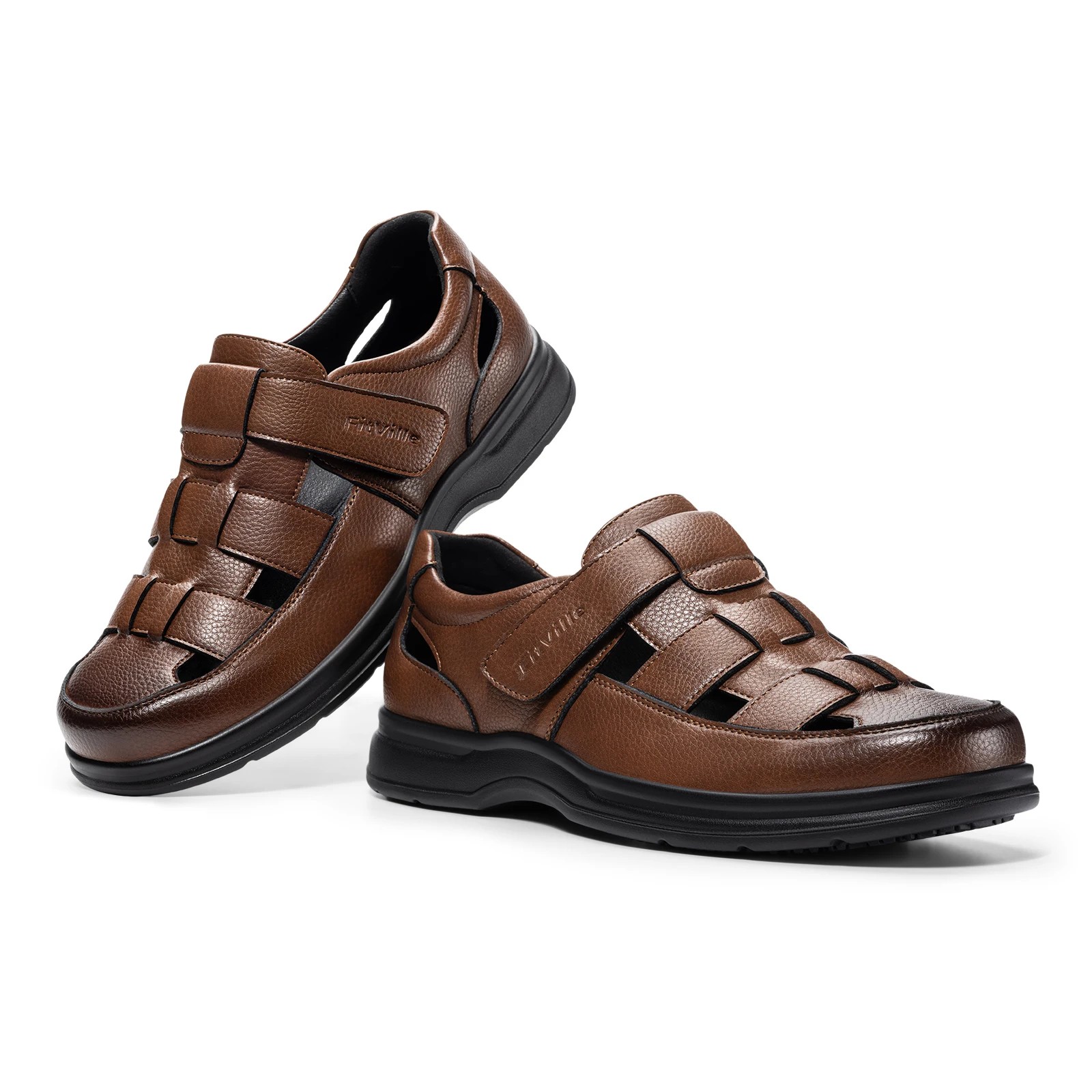 FitVille Men's Closed-Toe Sandals Wide Toe Leather Diabetic Shoes for Men Orthopedic Dress Sandal Velcro Straps Shock-Absorbing