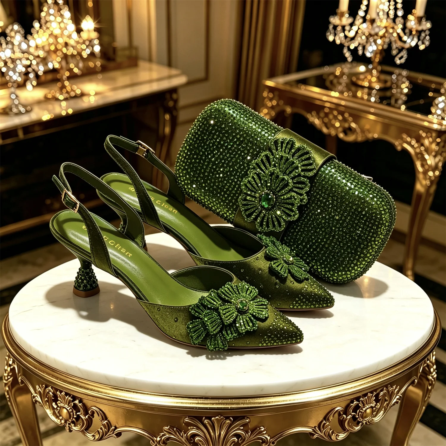 2026 Luxury Olive Green Crystal Heels & Handbag Gift Set, Rhinestone Embellished Women Dress Pumps & Purse for Wedding Party Eve