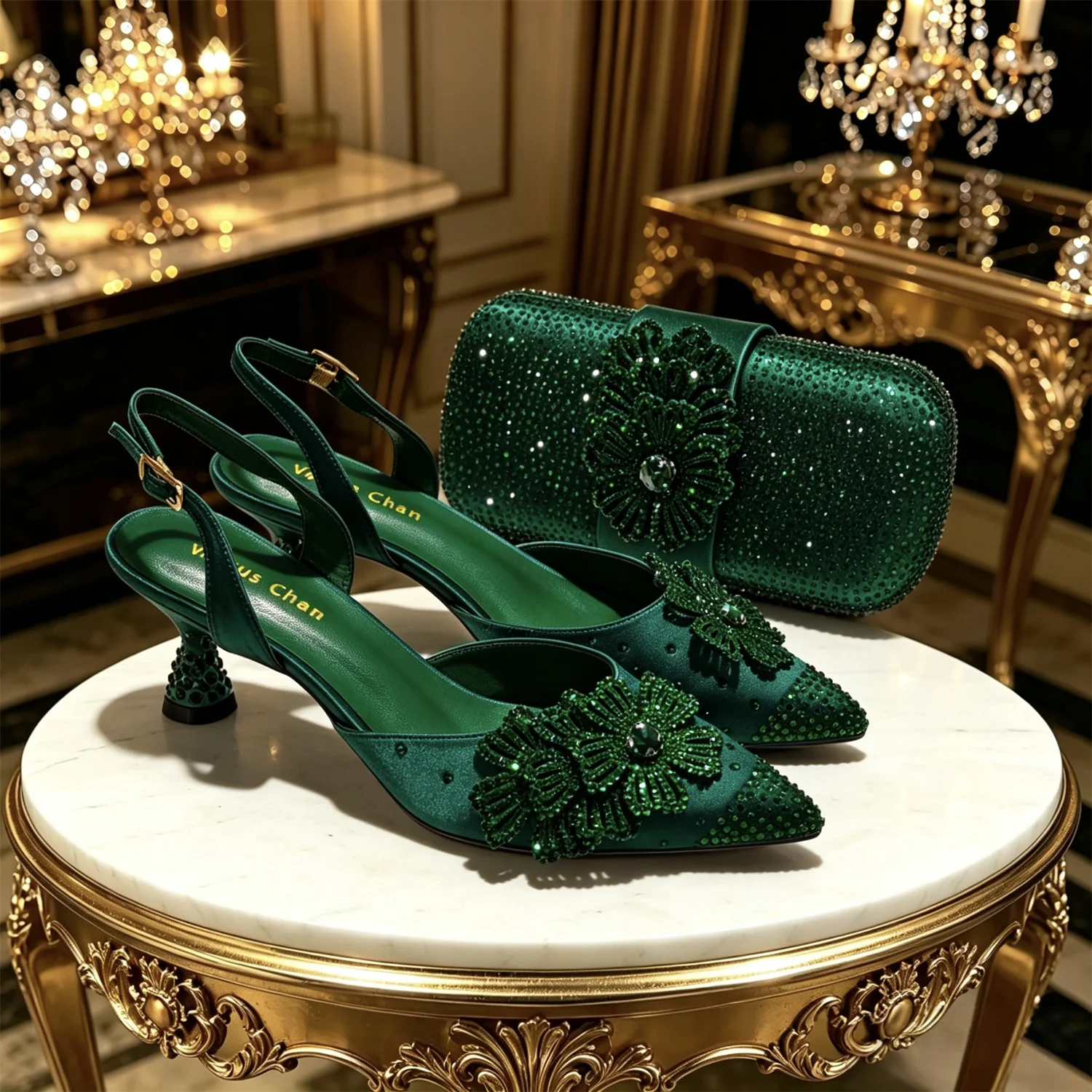 2026 Luxury Olive Green Crystal Heels & Handbag Gift Set, Rhinestone Embellished Women Dress Pumps & Purse for Wedding Party Eve