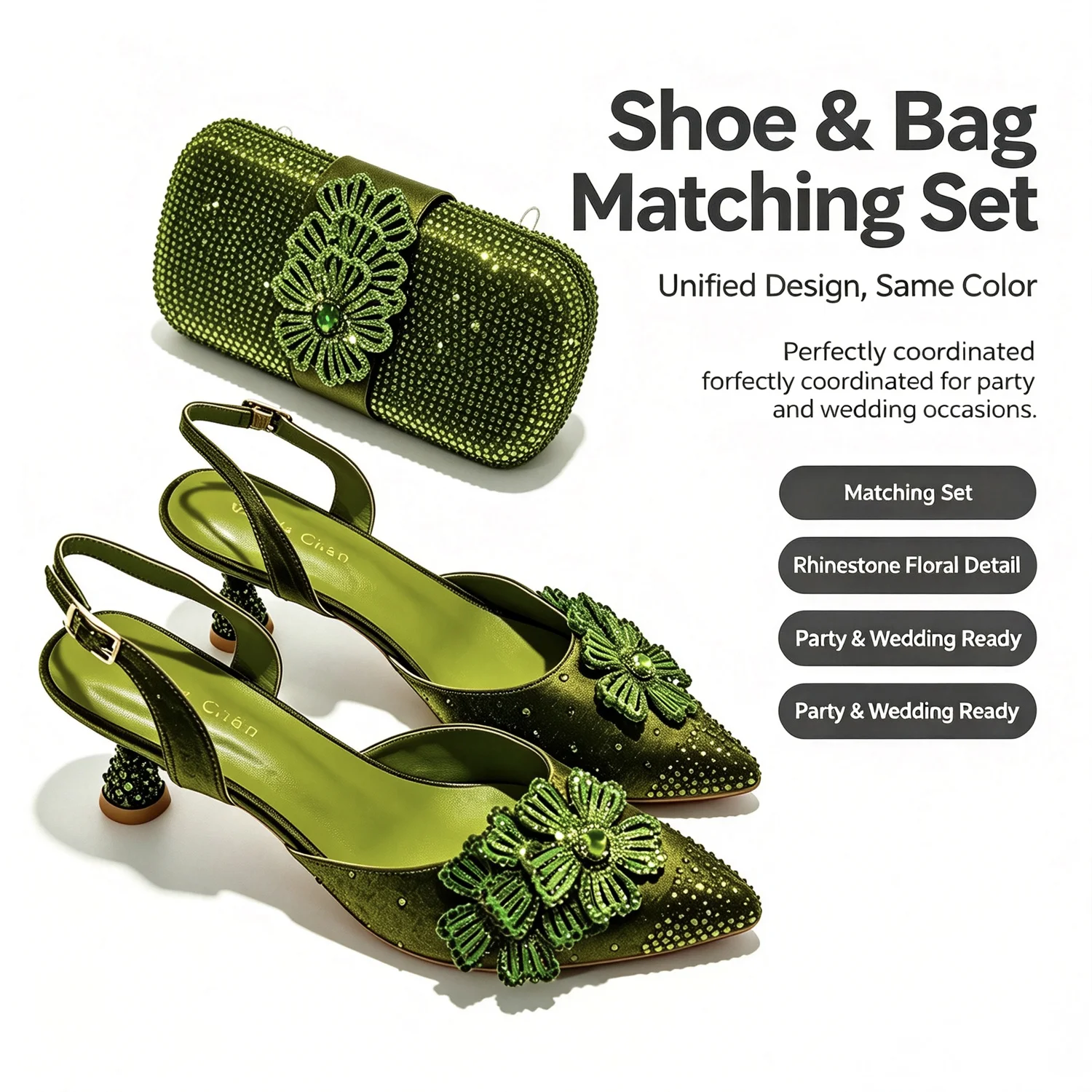 2026 Luxury Olive Green Crystal Heels & Handbag Gift Set, Rhinestone Embellished Women Dress Pumps & Purse for Wedding Party Eve